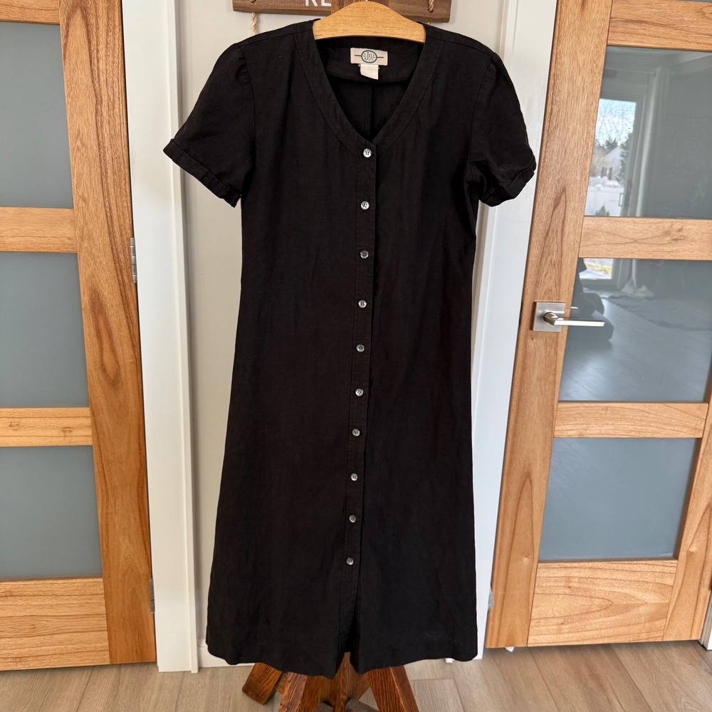 J. Jill LTD Black Linen Button Front Short Sleeve Long Shirt‎ Dress USA S/M EUC